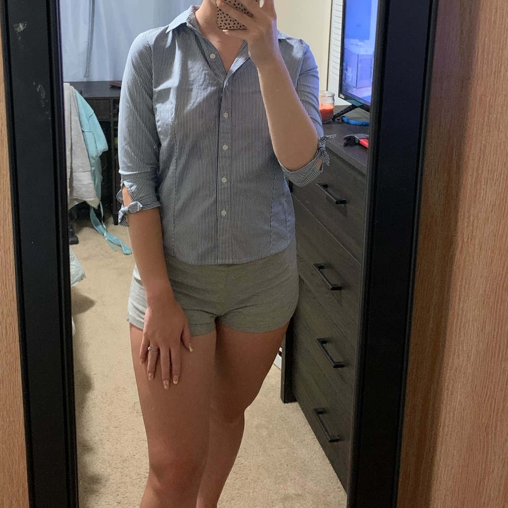 White and Navy Striped Button Down Shirt